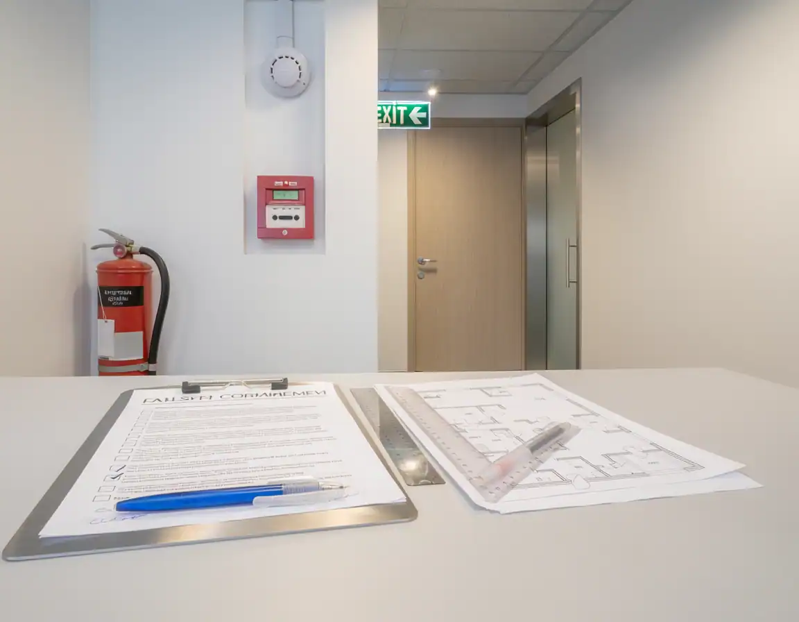 Panneau incendie rouge avec détecteur de fumée et plans de sécurité sur une table.