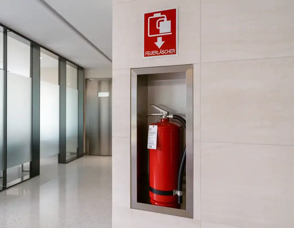 Extincteur rouge dans niche encastrée avec panneau de sécurité.