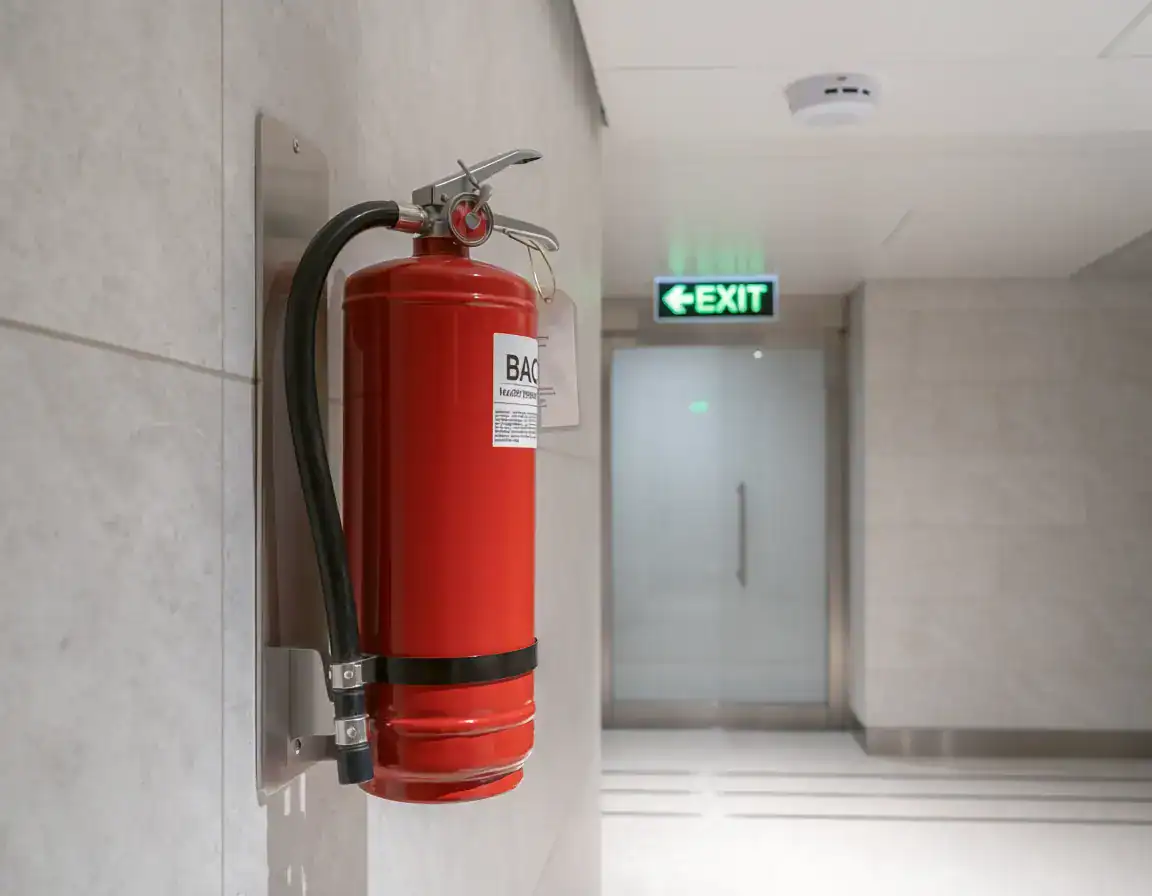 Extincteur rouge fixé au mur dans un couloir intérieur.