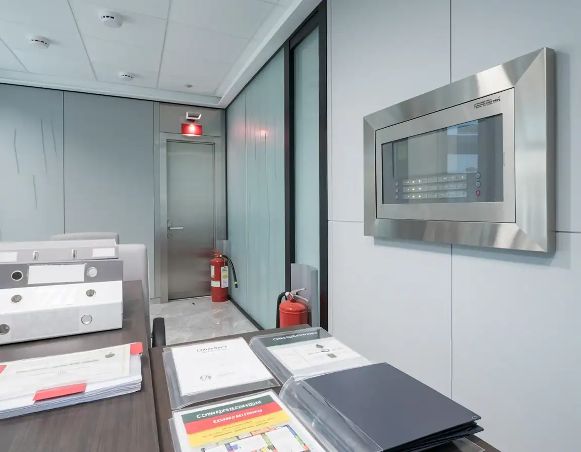 Écran interactif encastré en métal sur un mur blanc dans une salle de réunion.