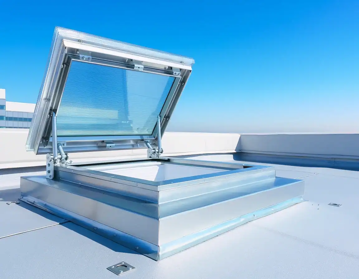Verrière de toit en aluminium avec ouverture inclinée.